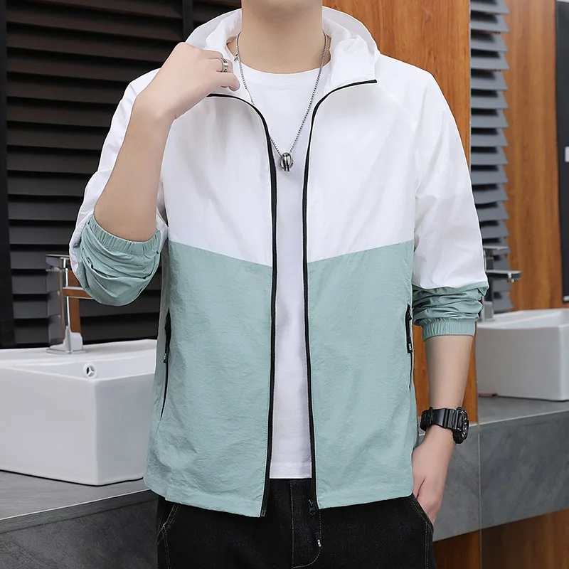 

Men's Contrast Color Long Sleeve Hooded Solid Color Zipper Pocket Cardigan Jacket Fashion Top