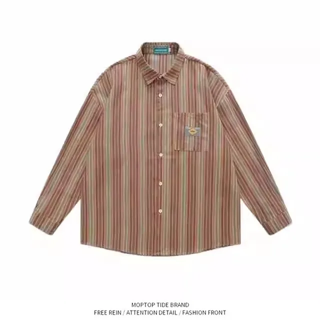 

Retro Style Long Sleeve Men's Shirt Spring 2026 New Color Block Design Trendy Striped Outerwear Casual Loose Fit Polyester Fiber