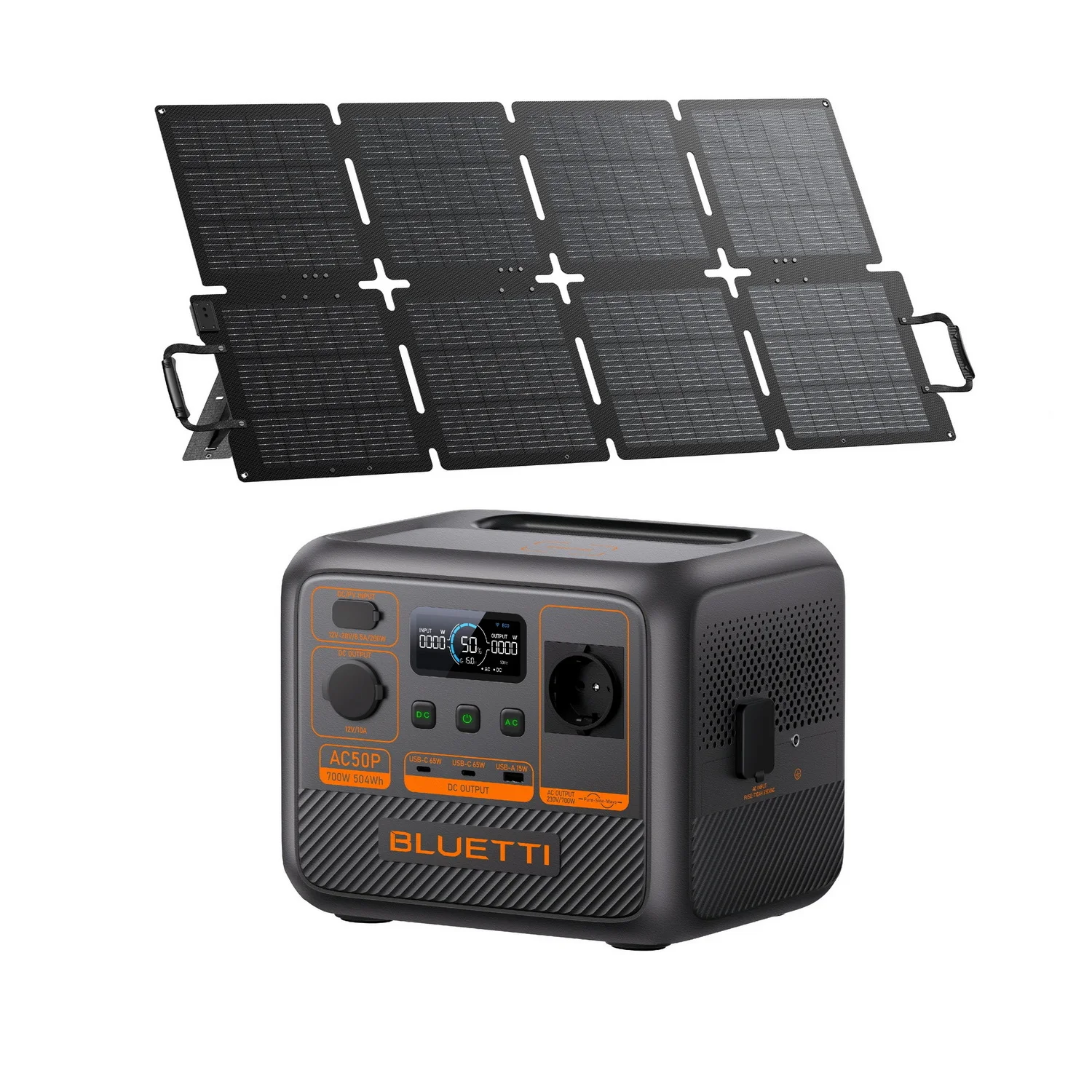 Bluetti Premium 50 Kit (AC50P) – draagbare krachtcentrale met 130W zonnepaneel – 504Wh – 1 x 700W zonnegenerator (maximaal 1200W).