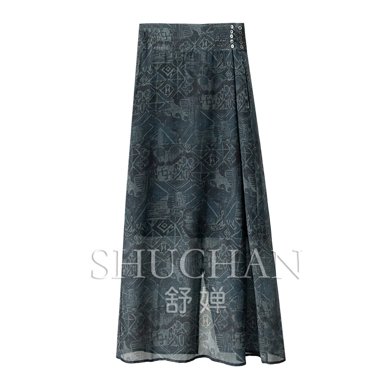

New Luxury Designer Silk Double Crepe Printing A Word Skirt Women 9W63 Long Skirts for Women