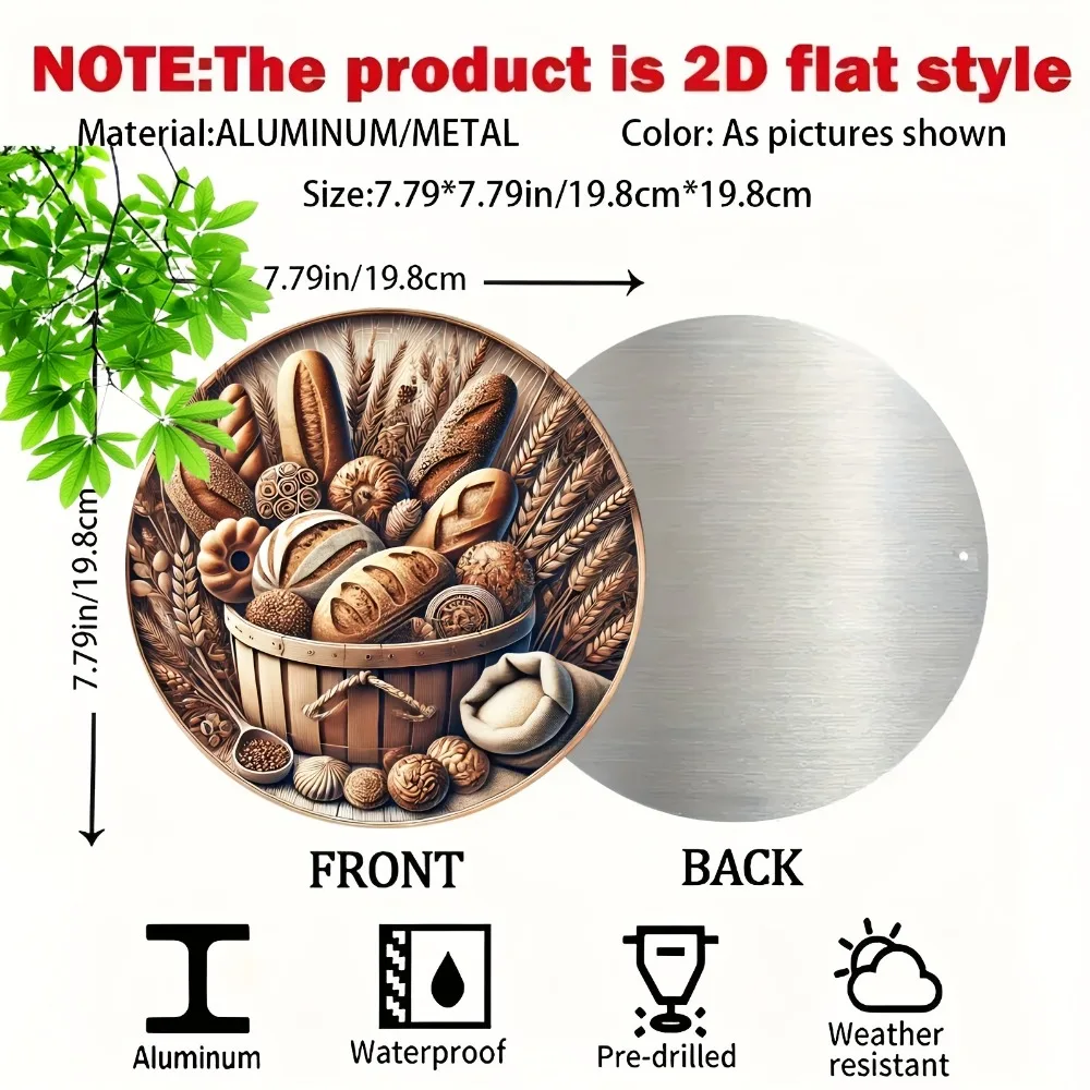 2D Flat Vintage Farmhouse Bread & Wheat Kitchen Sign - Round Aluminum Wall Art, Durable Easy-Hang Home Office Restaurant Decor