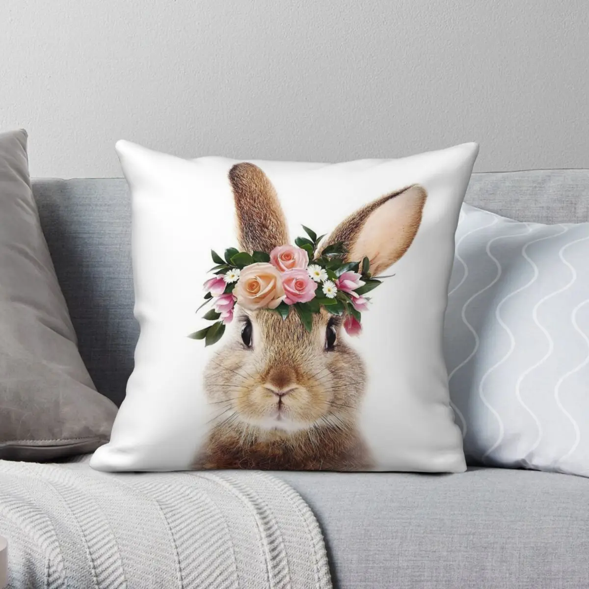 Baby Rabbit With Flower Crown Pillowcase Polyester Linen Velvet Pattern Zip Decor Car Cushion Case 45x45