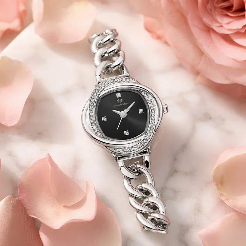 Luxury Fashion Waterproof Ladies Dress Watch Quartz Wristwatch with Rhinestone Chain Bracelet New Style Round Dial for Women