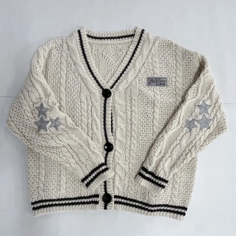 Letter Applique Cardigan for Star Embroidered Sweater Women Knitted Cardigan Winter Autumn Beige Sweaters Female Y2k Coat Tops