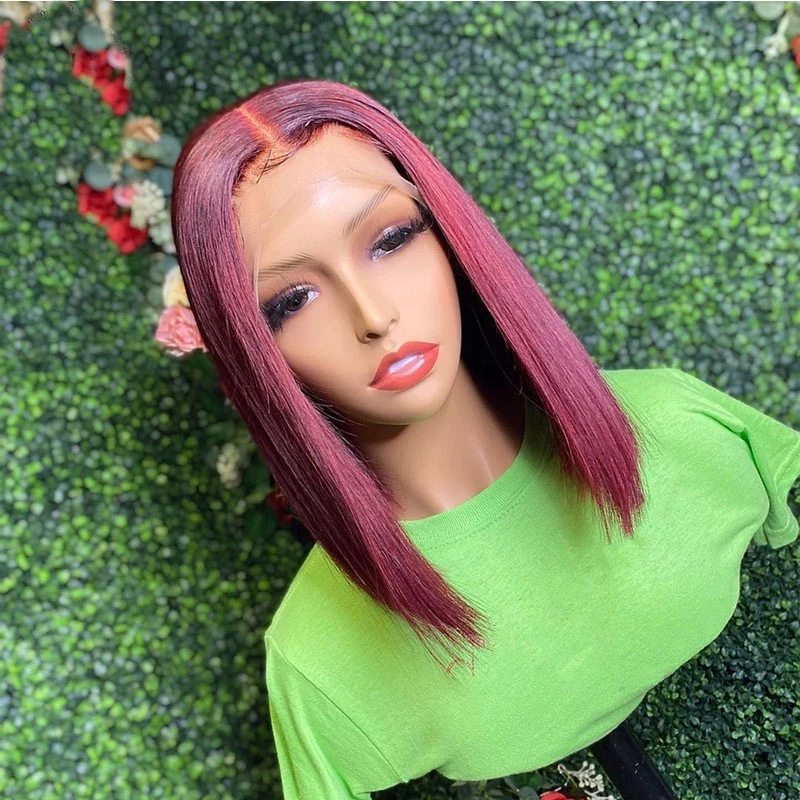 99j Мягкий бордовый бесклеевой парик 180 Плотность Короткий боб Винный прямой глубокий парик фронта шнурка для чернокожих женщин с предварительно выщипанными волосами ребенка