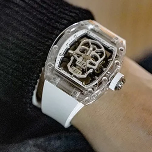 

CRONUSART Men Automatic Watch 50mm Tonneau Sapphire Case Mechanical Wristwatch Luminous Skeleton Skull Dial