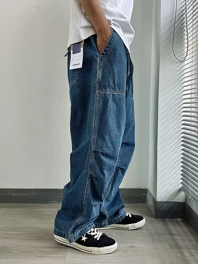 Retro American Washed Men's Jeans Workwear Loose Wide Leg Pants Dad Jeans Multi Pocket Casual Trousers for All Ages