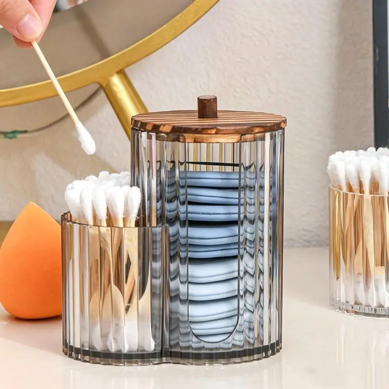 Makeup Pad Holder with Lid Cotton Swab Storage, Bathroom Storage Canister Clear Plastic 2-in-1 Dual Compartment Bathroom Vanity
