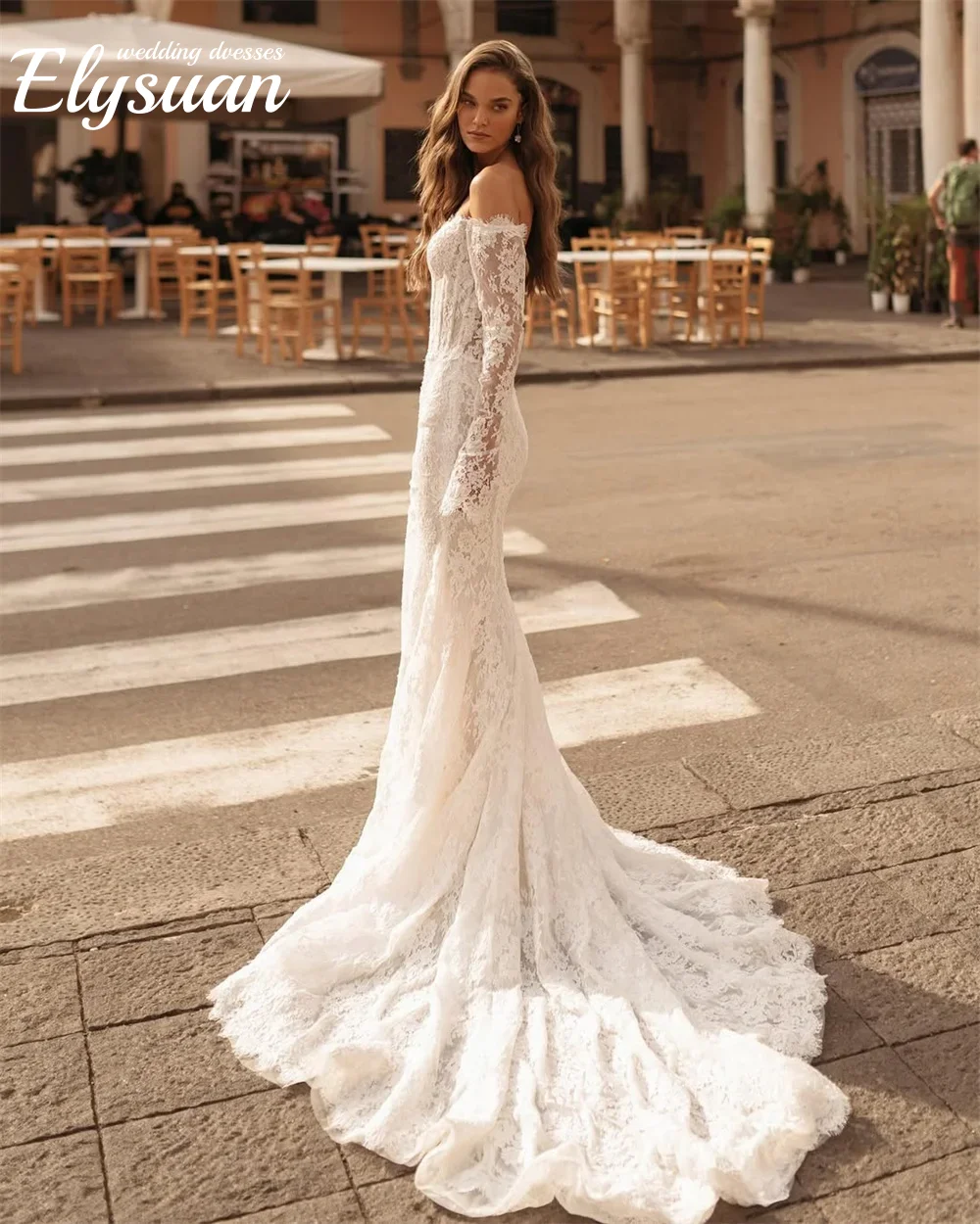 Maßgeschneiderte Brautkleider mit Overlay-Rock, neue lange Ärmel, schulterfrei, Spitze, Meerjungfrau, Brautkleider, Vestidos de Novia