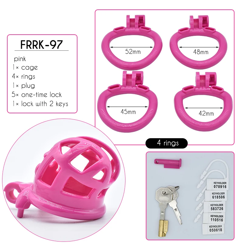 FRRK Pink Plastic Chastity Cage with 1.65inch 1.77inch 1.89inch 2.04inch Penis Rings for Adult Men BDSM Games Sex Pleasure