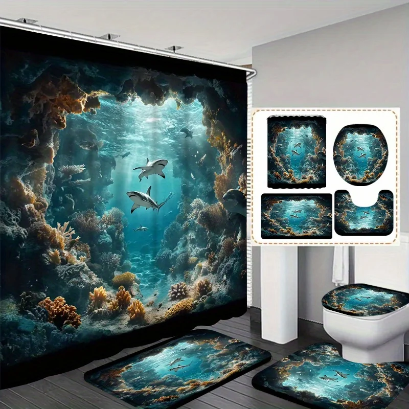 

The 1/4pcs Shower Curtain Set Shows Scenes Such As Coral Reefs Surrounding Underwater Caves And Swimming Sharks. The Following T