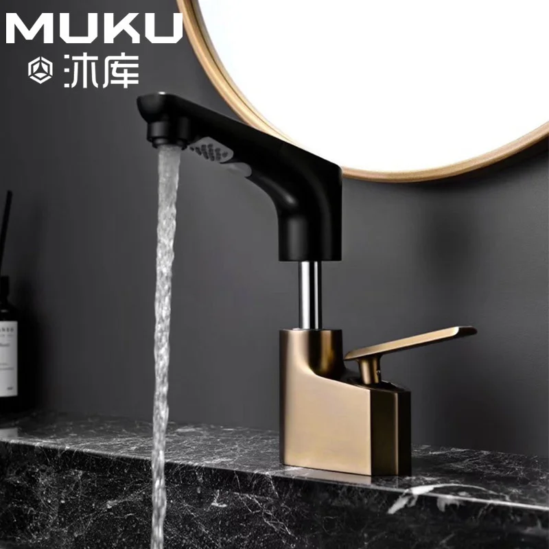 

Extendable Lift Basin Faucet With Flexible Pull Out Sprayer Deck Mounted Black Bathroom Cabinet Sink Mixer Tap Dual Modes Nozzle