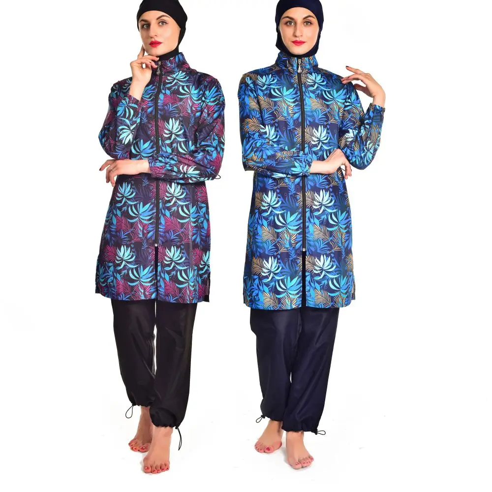 M-4XL New Burkini 3pcs Arabian Women's digital printed with zipper loose swimsuit long sleeve swimsuit all covered Beach wear