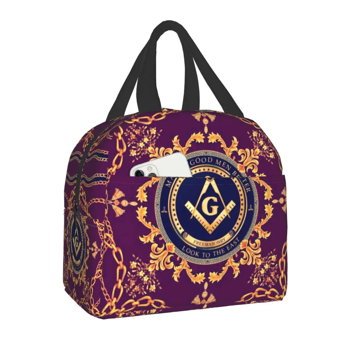 

Custom Freemason Baroque Design Lunch Bag for Men Women Cooler Warm Insulated Lunch Boxes for Adult Office