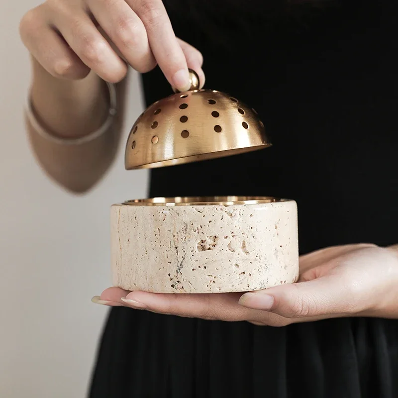 

Travertine Mabkhara Burner Luxury Oud Mubkhar Censer Natural Marble Incense Bakhoor Burner with Brass Cover