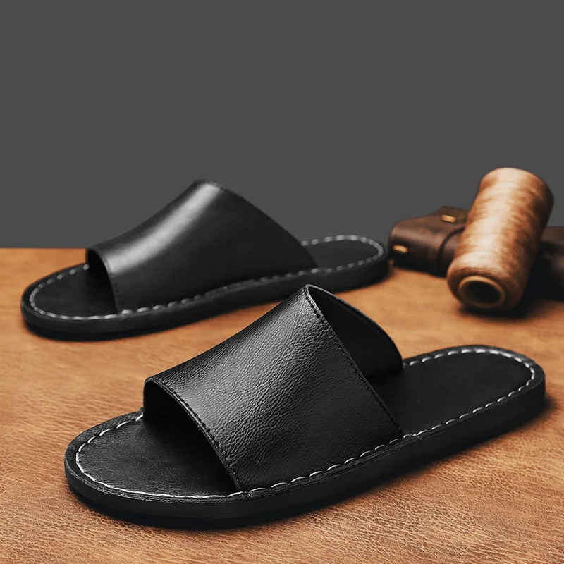 Summer New Men Leather Slippers Street Fashion Slides Outdoor Flat Beach Shoes