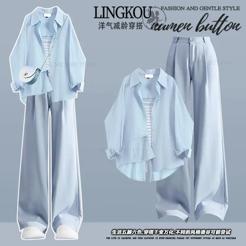 

Spring Summer Suit Women 2025 New Slim Sunscreen Shirt Striped Vest Casual Pants Three-piece Set