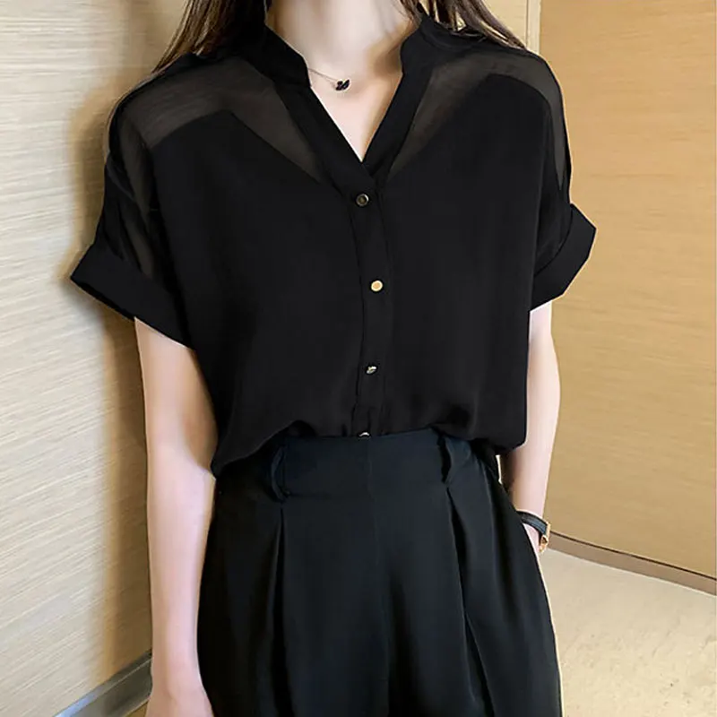 Casual Solid Color Commute Shirt Female Clothing Sheer Spliced Summer Fashion Single-breasted Elegant V-Neck Chiffon Blouse 2023