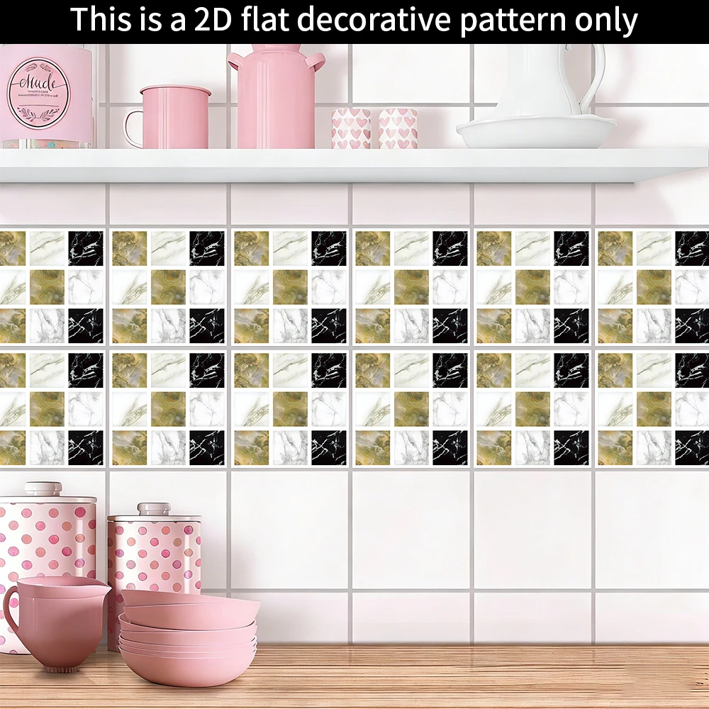10Pcs 2D 10×10cm Self-Adhesive PVC Mosaic Wall Stickers, Waterproof Oil-Proof Decals for Kitchen Bathroom, Wear-resistant Easy C