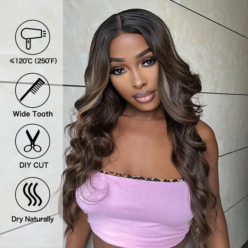 Hairline Lace Front Synthetic Wigs Water Wave Dark Root Ombre Chestnut Brown Highlight Blonde Wig for Women Afro Heat Resistant