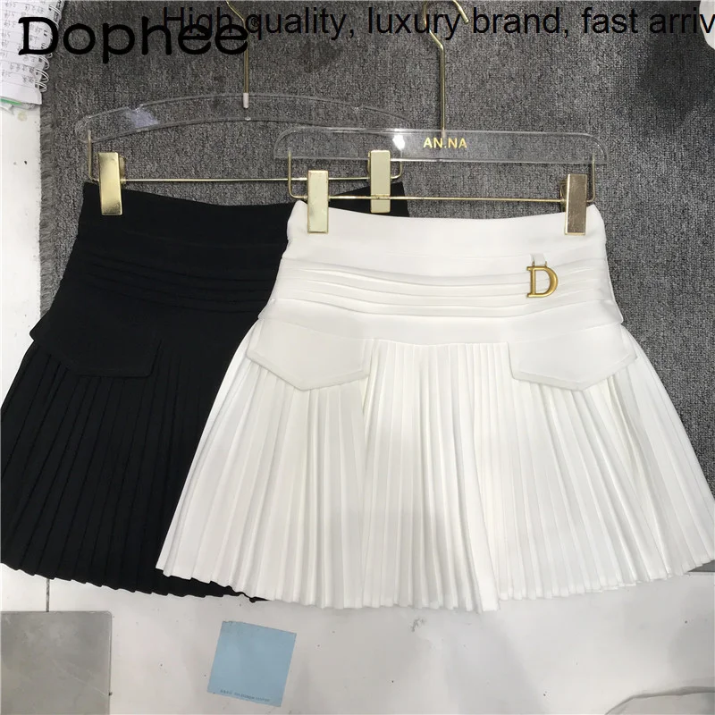 

White Preppy Style Pleated A Line Dance Mini Skirts Women 2023 New Spring Autumn High Waist Pocket Stitching Puffy Short Skirt