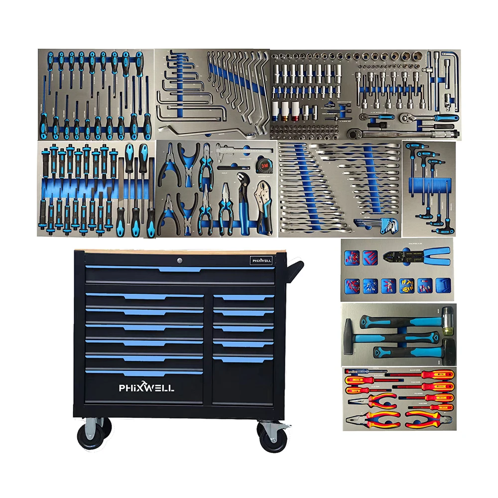 719515 Hot Selling  12 Drawers 10 Trays Large Capacity Workshop Trolley Garage Storage Tool Chest With  319PCS Tools Kit