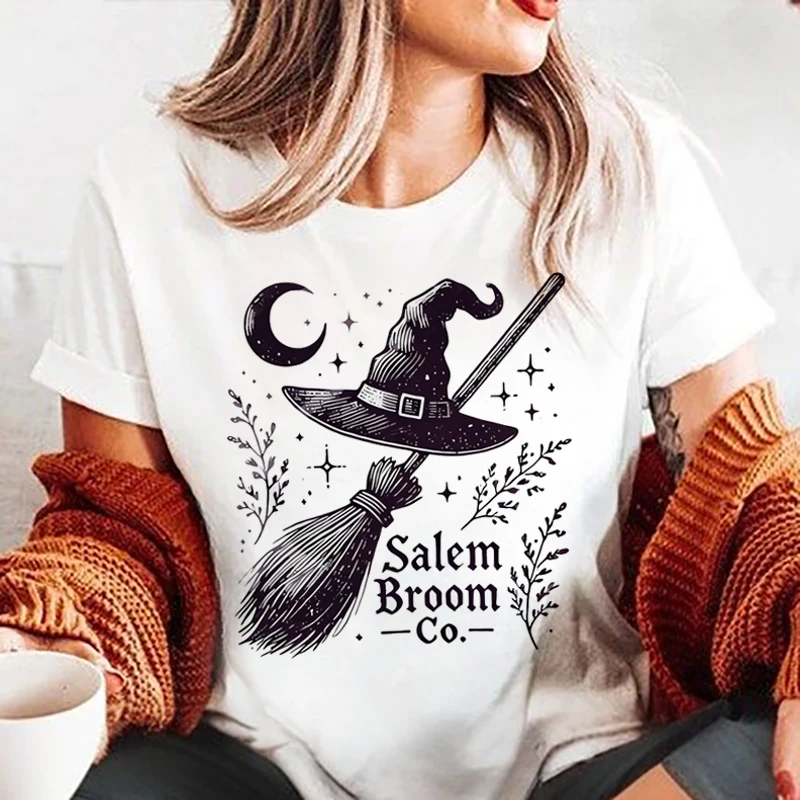 

Salem Witch Broom Co Halloween Pattern T-Shirt for Women's Autumn Short Sleeve Round Neck Regular Basic White Top T-Shirt
