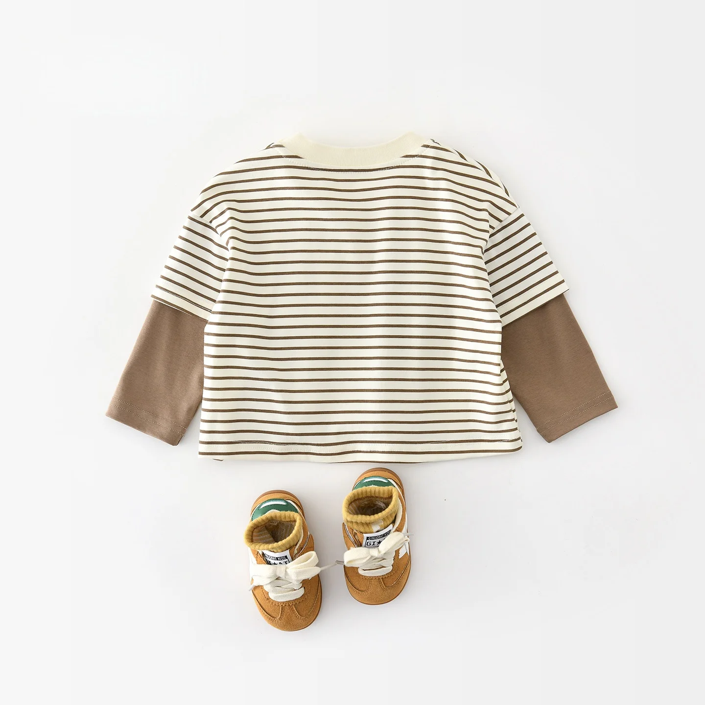 2026 Autumn 6M-5Y Baby Boys Clothes Striped Faux Two-Piece T-Shirt Cartoon Print Patchwork Long Sleeve Soft Kids Casual Top