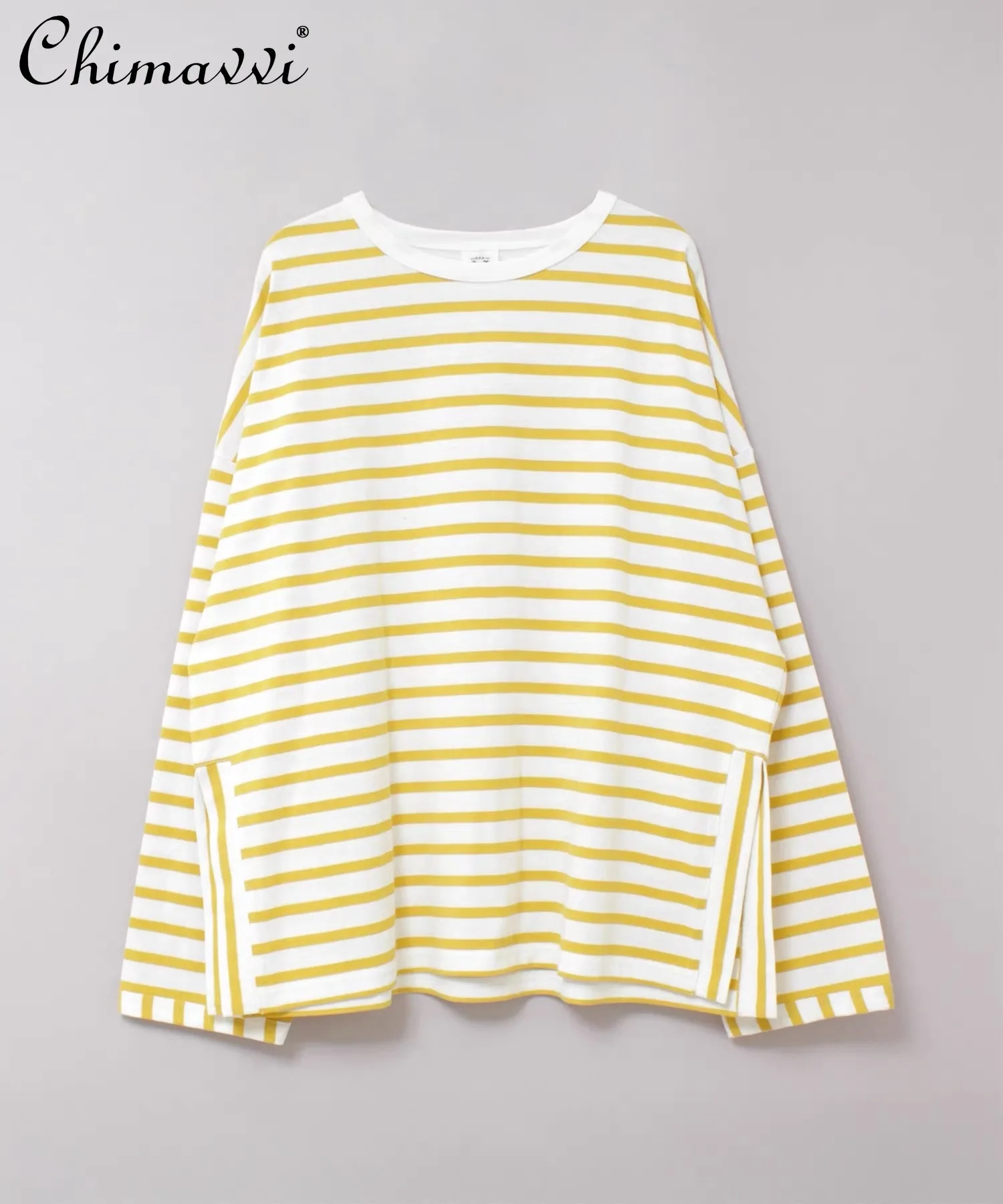 

Japanese New Fashion Round Neck Pullover Pure Cotton Sweet Girl T-Shirt Top Autumn Women Long Sleeve Loose Side Slit Striped Top