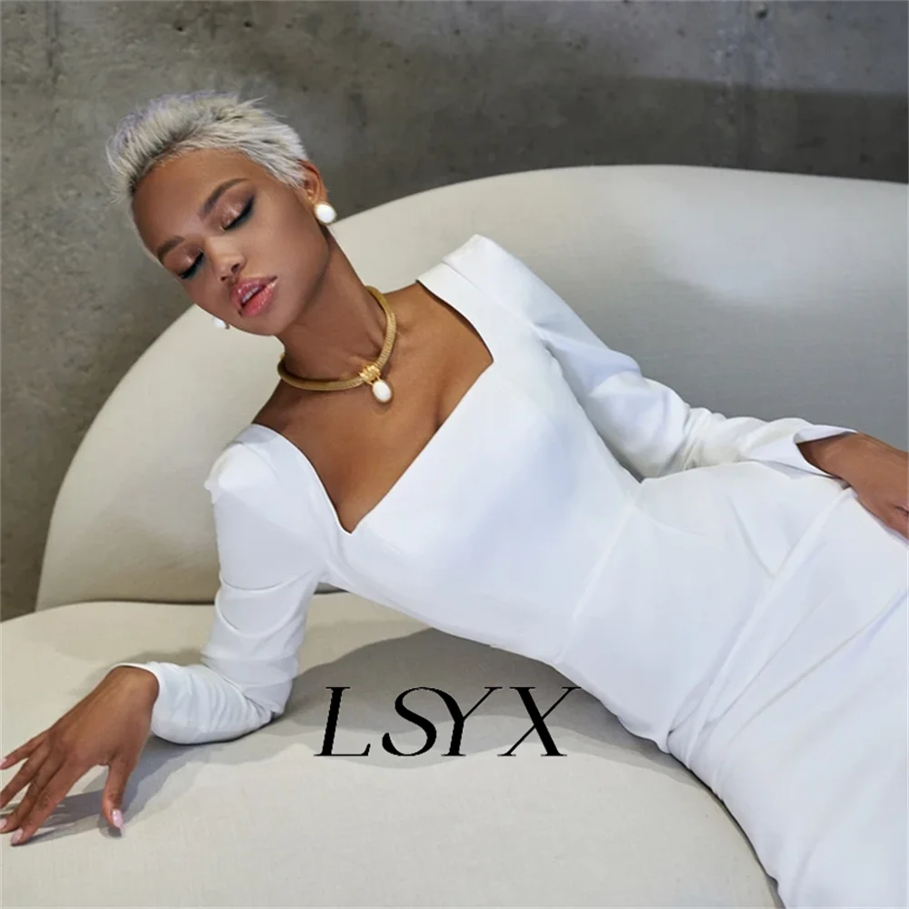 LSYX Elegant Square Neck Long Sleeves Crepe White Wedding Dress Sheath Zipper Back Court Train Bridal Gown Custom Made