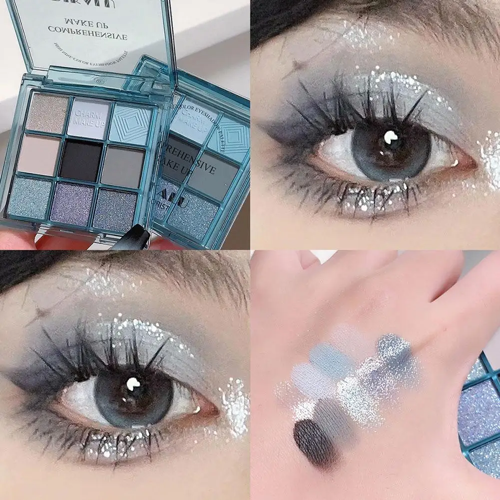 Blaue neun quadratische Lidschatten-Palette Perl glanz matt anhaltendes langes Glitzer-Make-up wasserdicht rauchiges Auge Lidschatten p6n3