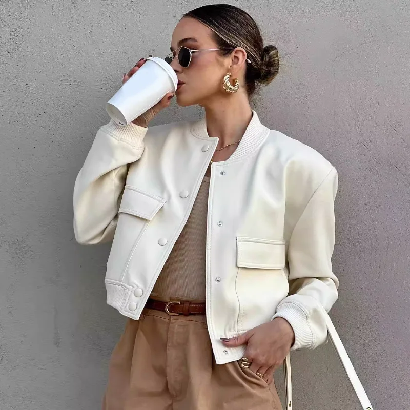 

Весенняя новая женская модная куртка-бомбер с карманами, винтажная куртка-бомбер с длинным рукавом и пуговицами спереди, повседневная женская верхняя одежда, шикарные топы