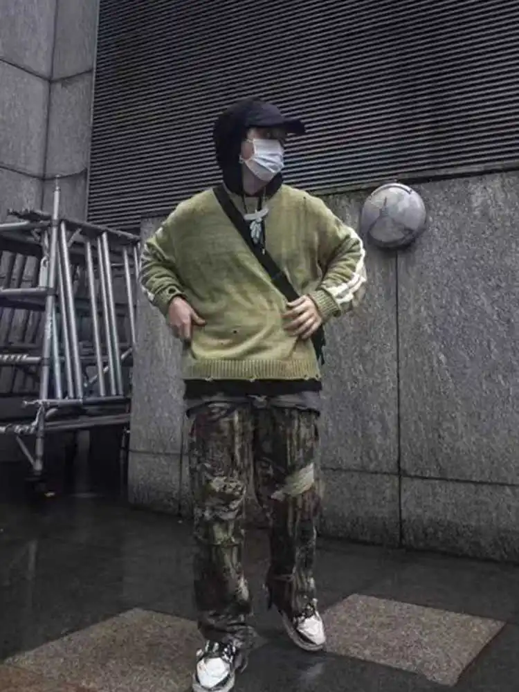 KAPITAL Hirata Kazuhiro Bone Two Tone Perforated Long Sleeved Loose Fitting Pullover Sweater for Men and Women