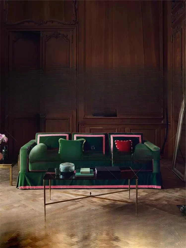 American velvet fabric three-person straight sofa green skirt small apartment living room removable and washable