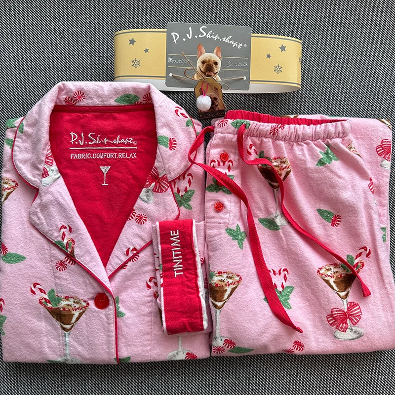 Damen Niedlicher Cartoon-Druck 100% Baumwolle Gebürstetes Pyjama-Set Frühling Herbst Langarm-Oberteil Lange Hose 2-teilig Loungewear Homewear – Detail 37