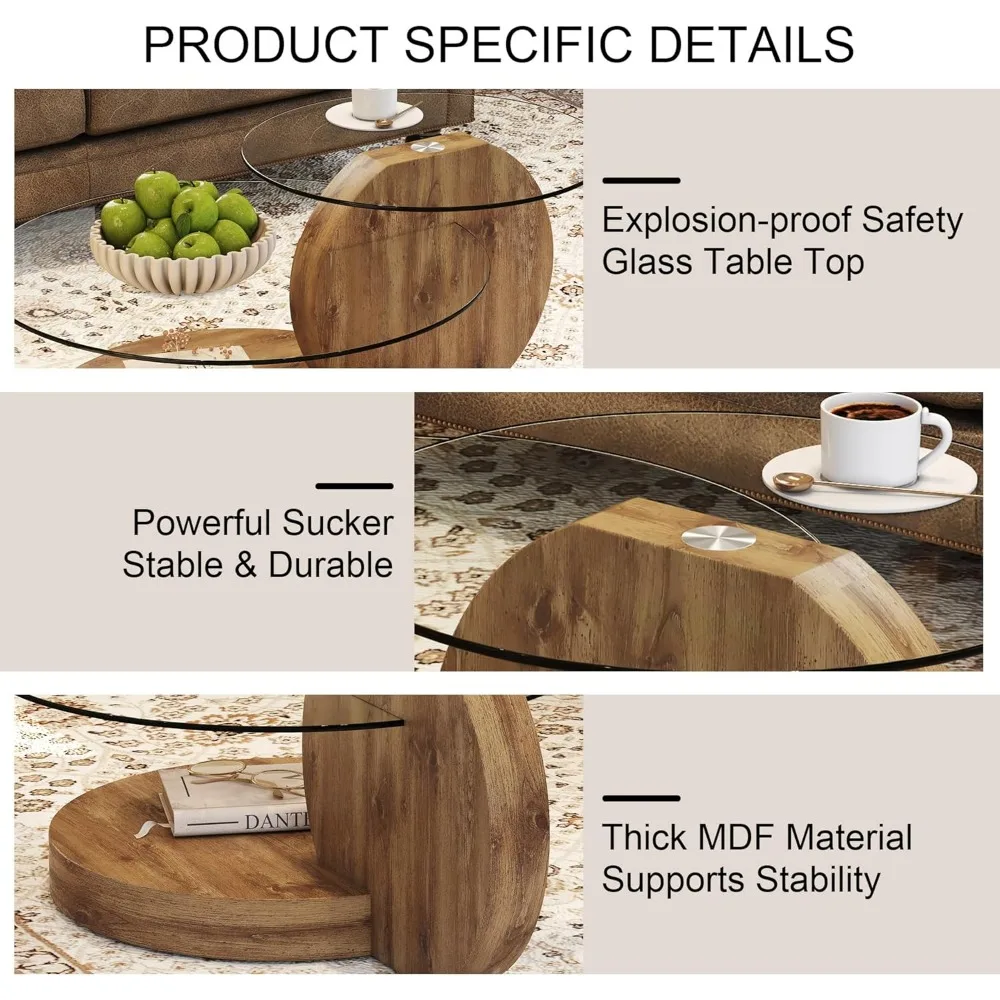 Modern Glass Coffee Table,Small Round Coffee Tables, 42" 3-Tier Circle Wood Coffee Table for Living Room Rustic Circle Center