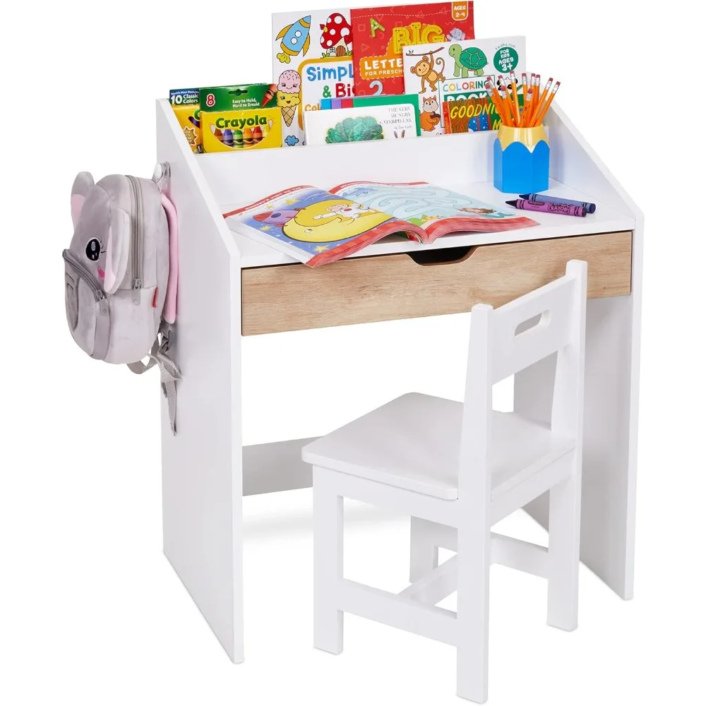 Juego de escritorio y silla de estudio de madera para niños pequeños, estación de trabajo de aprendizaje escolar en casa con mesa de escritura,