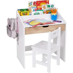 Juego de escritorio y silla de estudio de madera para niños pequeños, estación de trabajo de aprendizaje escolar en casa con mesa de escritura, cajón de almacenamiento, organizador de mesa