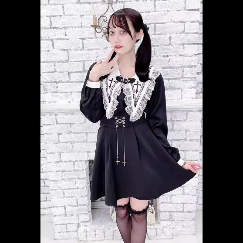 Victorian Gothic Lolita Blouses Japanese Sweet Lace Ruffles Embroidery Sailor Collar Shirt Women Punk Style Y2k Long Sleeve Tops