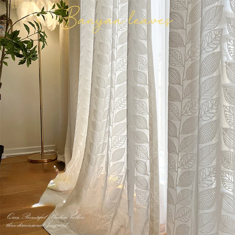 French Cream Style Leaf Three-dimensional Relief Living Room Window Screen New Transparent and Non Transparent Screen Curtain