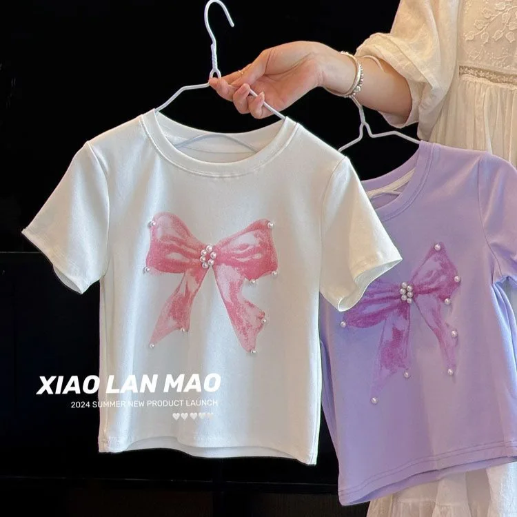Sommer Mädchen Kind Prinzessin T-shirt Bogen Druck Perle T-shirt Für 1-8T Mädchen Infant Kleinkind Mädchen Baumwolle top Kurzarm Baby Mädchen T
