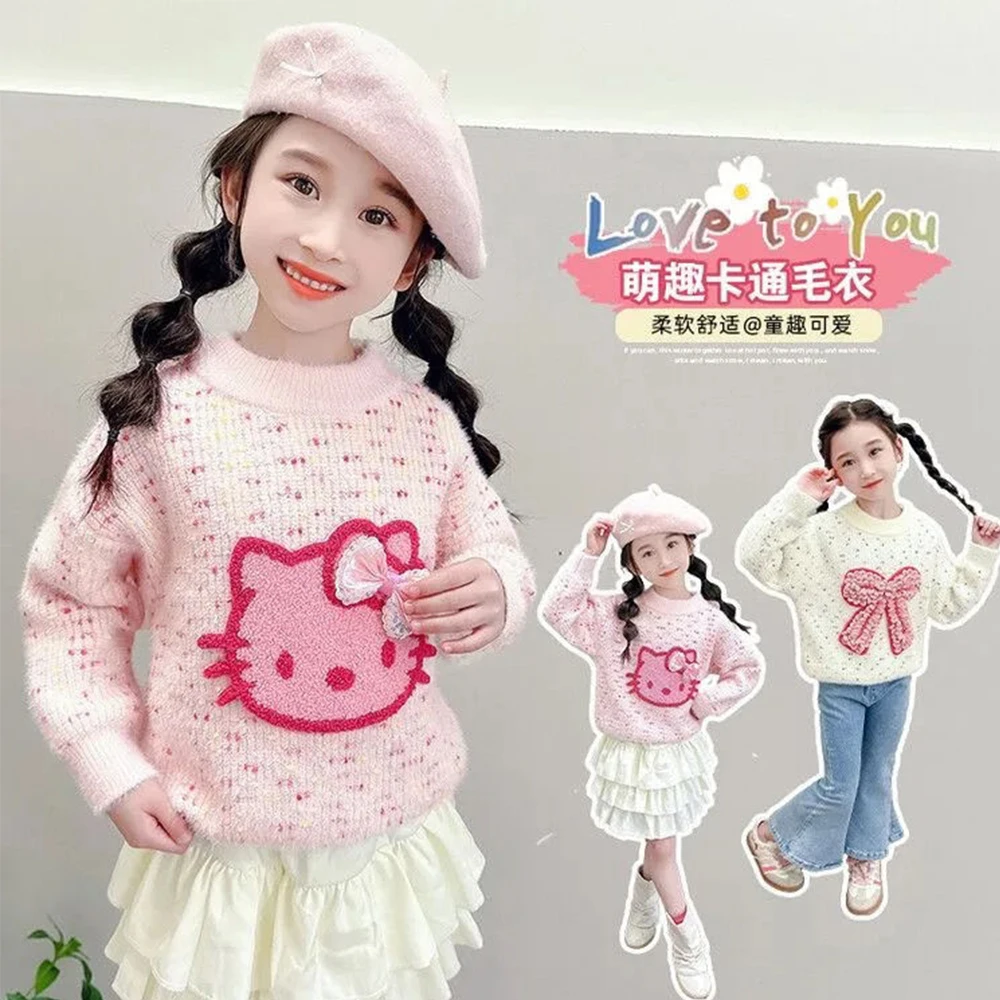 Hello Kitty Kids Sweater Anime Sanrios Cinnamoroll Winter Kawaii Knit Thicken Sweater Kawaii Round Neck Pullover Warm Sweater