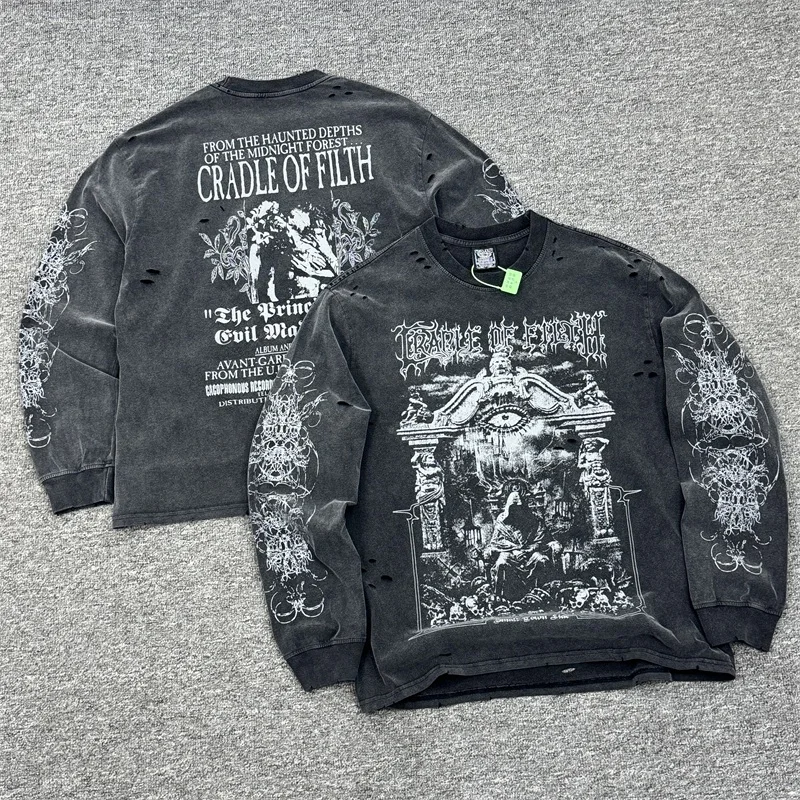 

Washed SAINT MICHAEL Oversized Long Sleeves T Shirt Men Women High Quality Vintage Print Tops T-Shirts