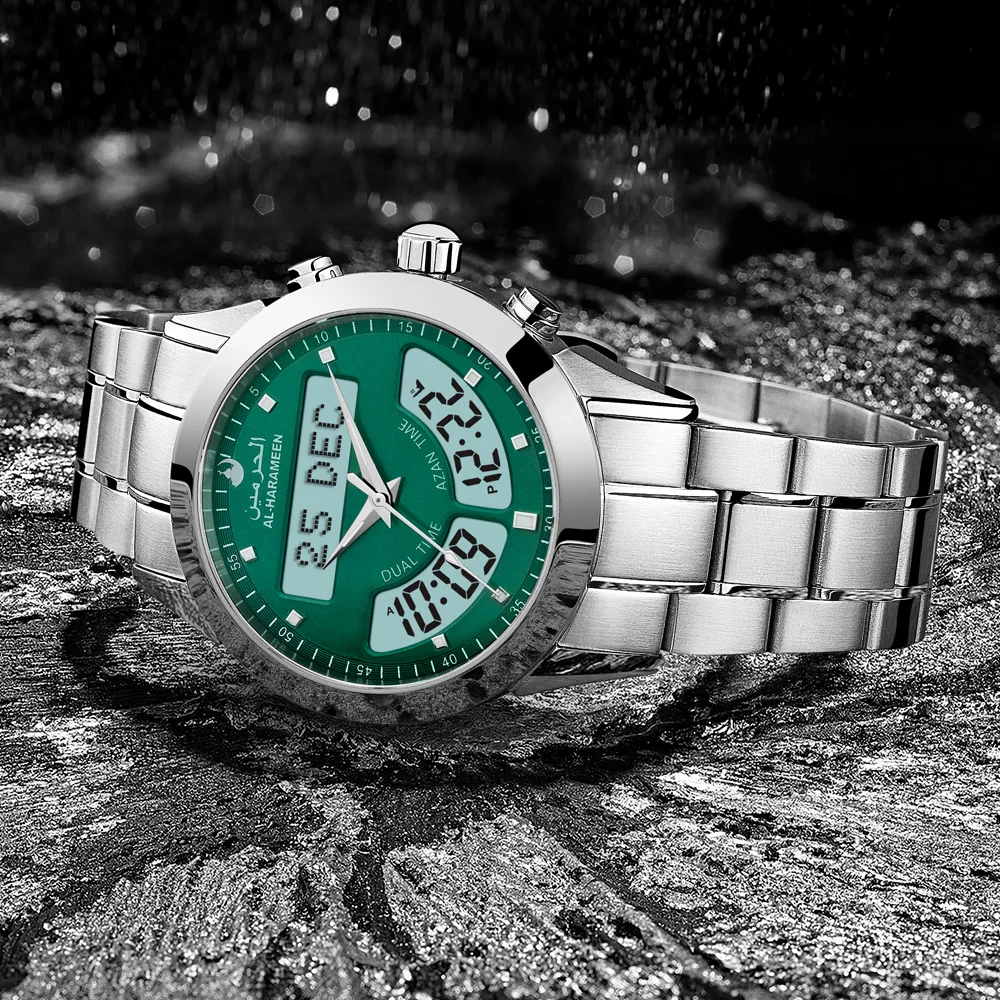 AL-Harameen Man Azan Watch for Muslim Prayers with Qiblah DST GMT Green Dial Backlight  Ramadan Gift for Boyfriend Husband