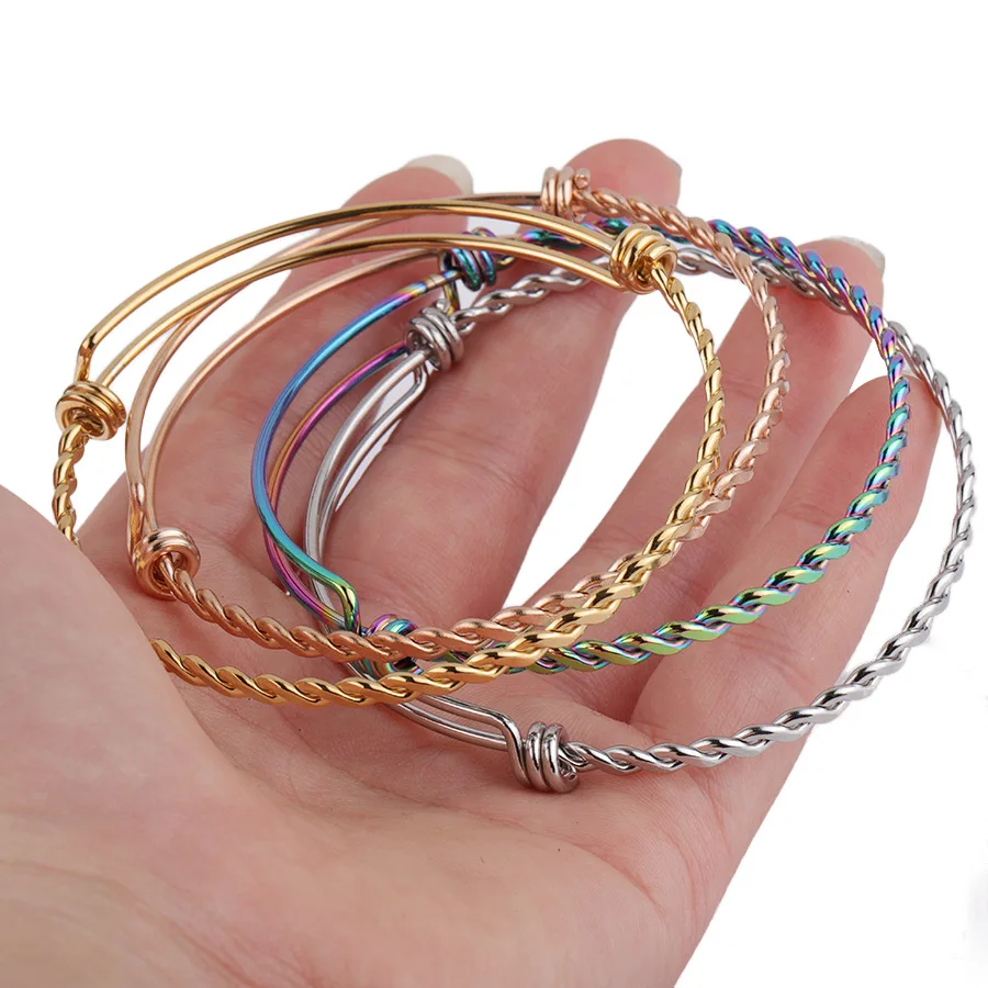 2Pcs/lot  55mm 60mm 65mm  Stainless Steel Twist Wire Bangle Bracelet Adjustable Women Wire Bracelet