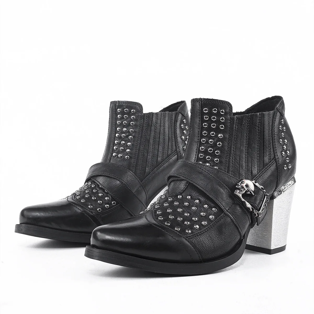 Tacones altos Botas cortas unisex para mujer con remaches pulidos Tacones altos gruesos Zapatos de cuero con punta cuadrada pequeña de moda