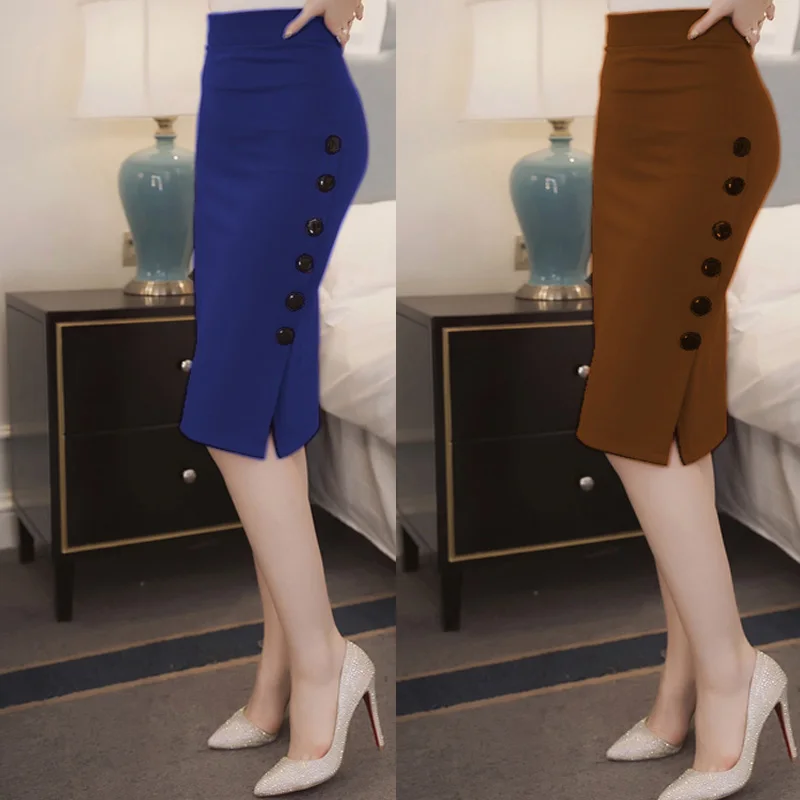 

Women Elegant Slim Pencil Skirts High Waist Ladies Skirt Side Split Button Office Ladies Bodycon Fitted Skirts KH856258