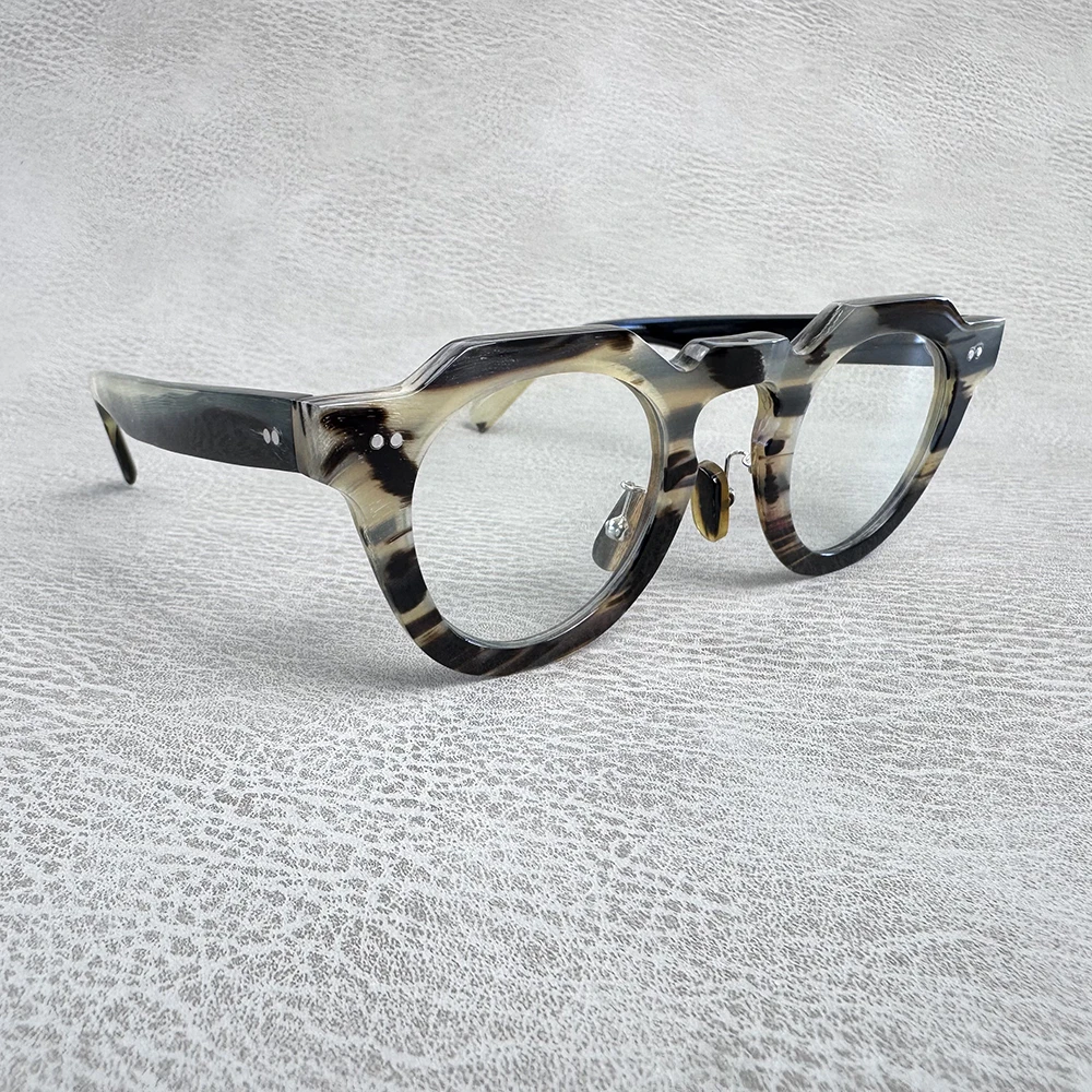 

Eyeglass Frames Polygon Vintage Rivets Unique Retro Myopia Eyewear Handmade Natural Horn Prescription Reading Man Glasses Frames