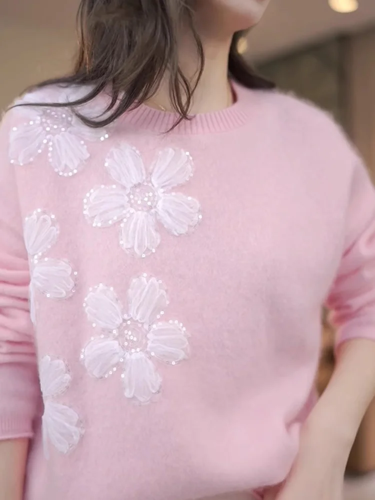 

Chic Knitted Sweater with Floral Patchwork Design Ele Aosphere Sensation Long Sve Women's Autumn Winter Faion Top