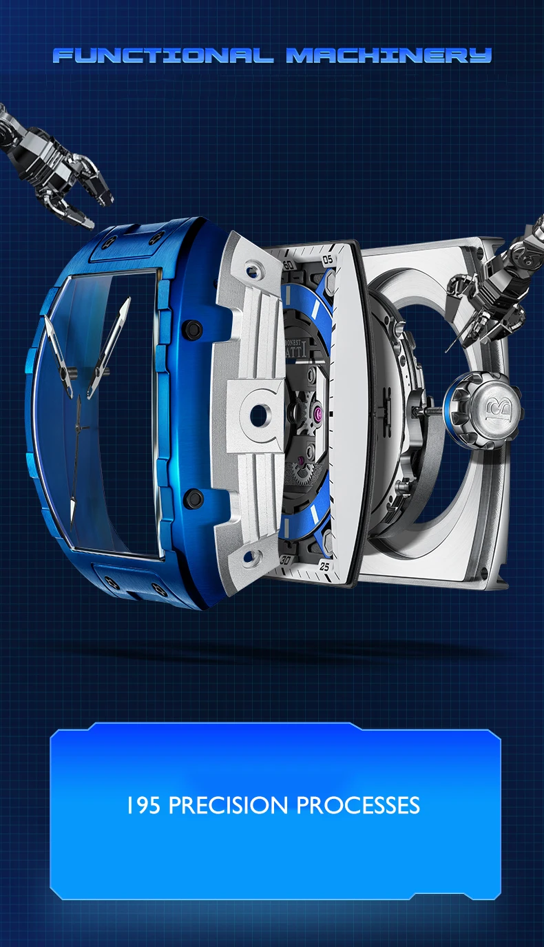 BONEST GATTI ساعة أوتوماتيكية للرجال 46 مللي متر * 51 مللي متر Tonneau ساعة يد ميكانيكية الياقوت مضيئة الهيكل العظمي الهاتفي حزام مطاط الفلور